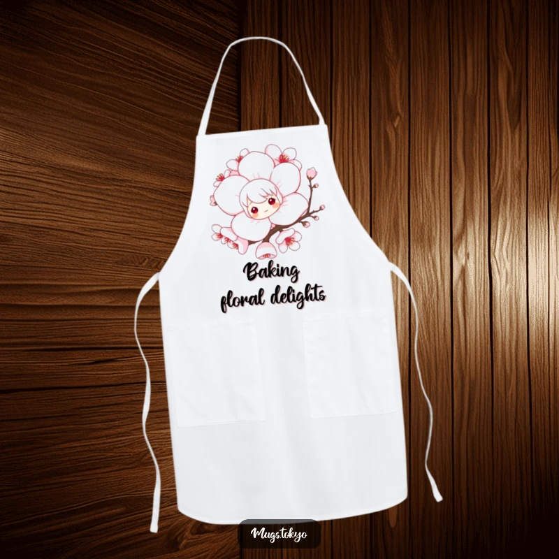 Funny apron featuring a playful character peeking from behind a large, stylized cherry blossom, designed for cheerful and humorous kitchen tasks.