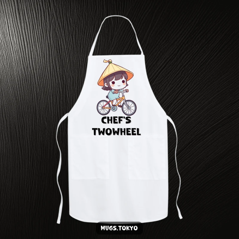 Funny apron adorned with a cute character in a traditional Japanese hat, happily cycling, ideal for a charming and humorous experience.