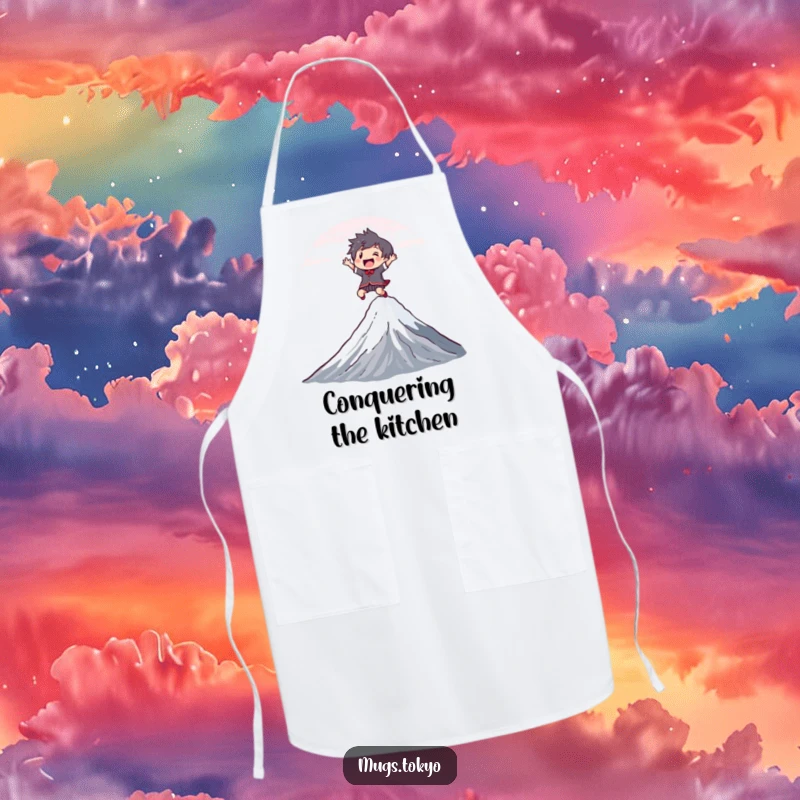 Funny Apron depicting a joyful character leaping over Mount Fuji, ideal for cooking and humorous adventurous kitchen wear.