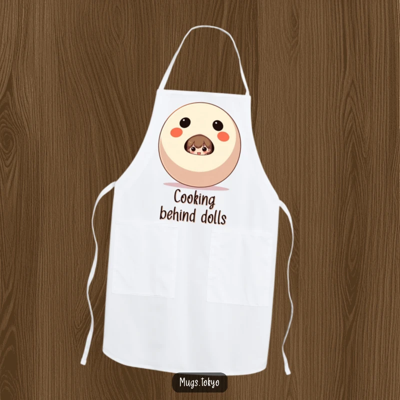 Funny Apron showing a character peeking from behind a large Daruma doll, for humorous cooking sessions.