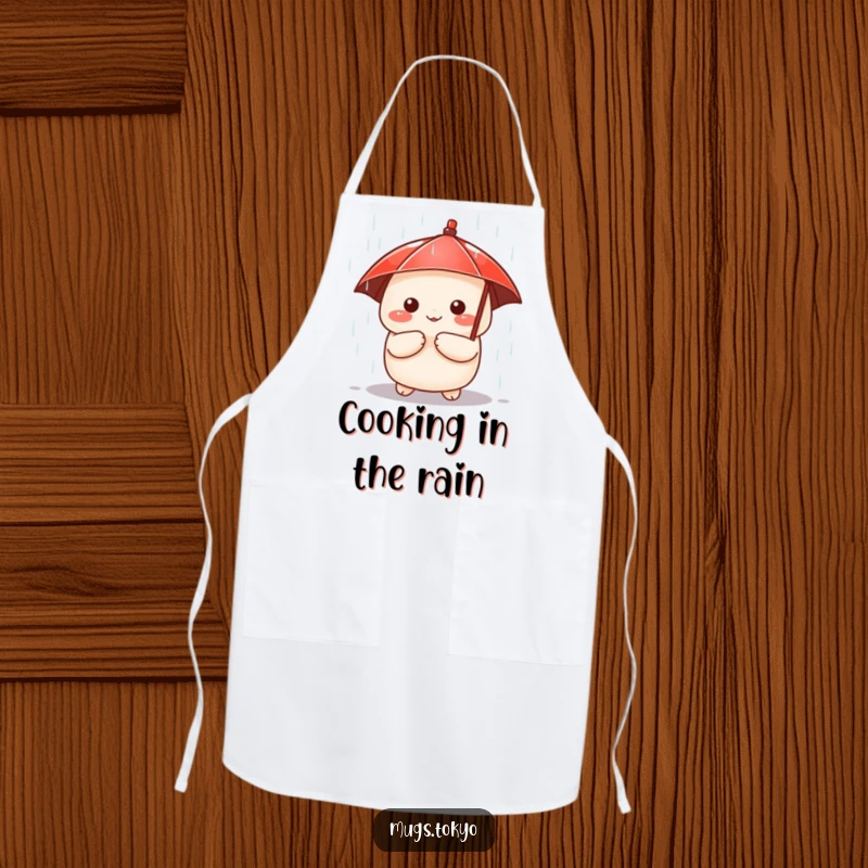 Funny apron with a cute dumpling character holding a tiny red umbrella, peeking from the rain, perfect for a whimsical cook.