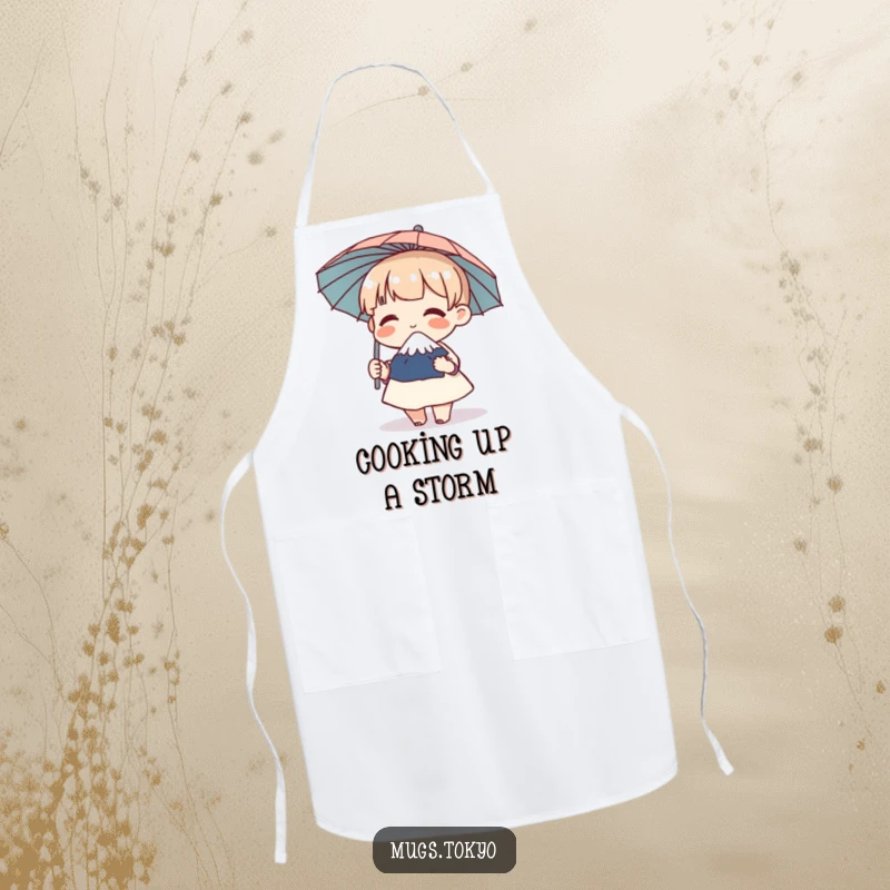 Funny apron featuring a character holding a miniature Mount Fuji umbrella, giggling happily, ideal for kitchen humor.