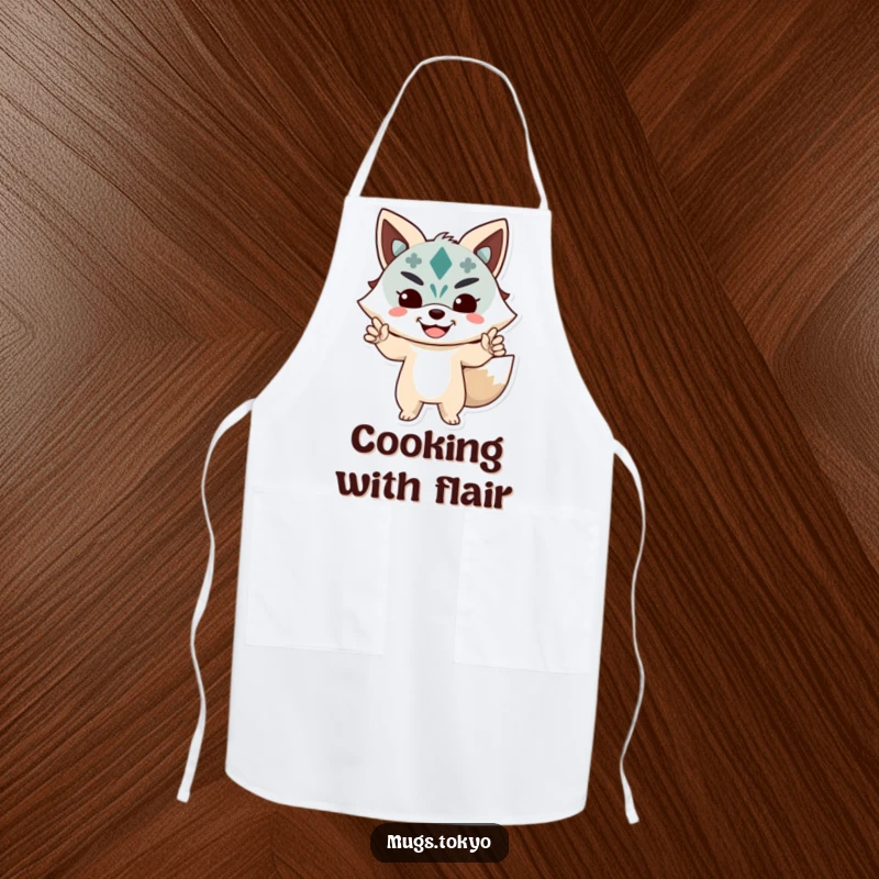 Funny Apron depicting a character in a lively pose wearing a joyful Kitsune mask, for humorous kitchen tasks.