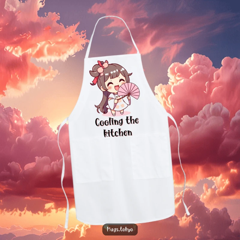 Funny apron showing an excited character with a big smile, waving an oversized fan while cooking in the kitchen.