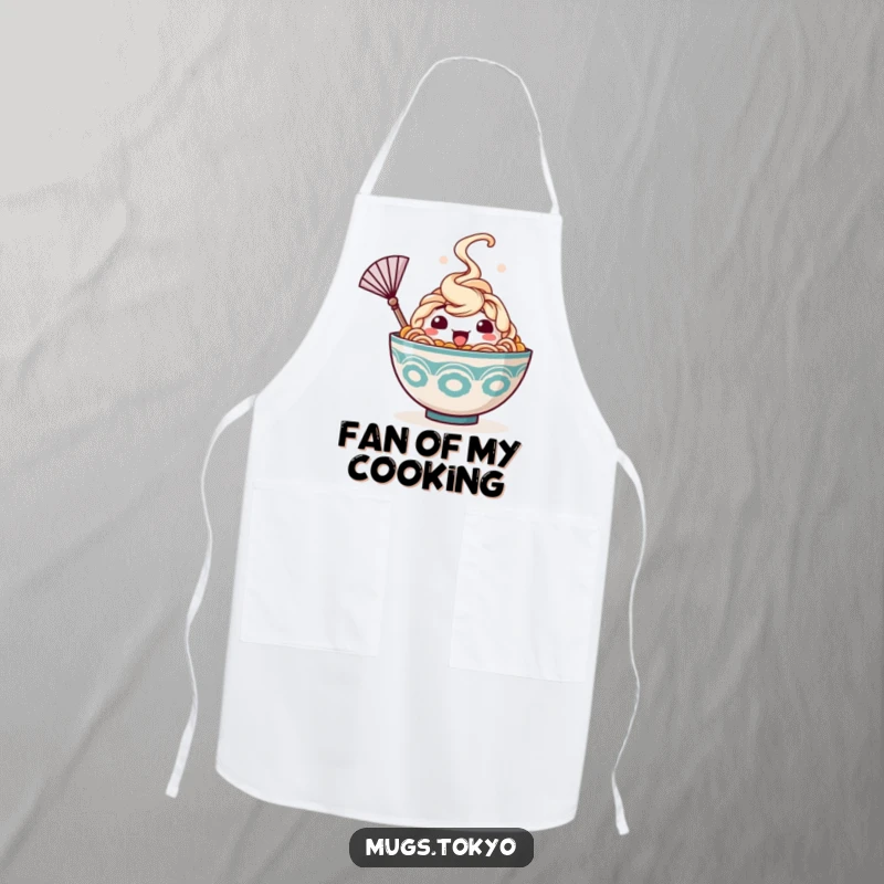 Funny apron with a happy ramen bowl character, steam rising, waving a tiny fan, great for cooking with a humorous attitude.