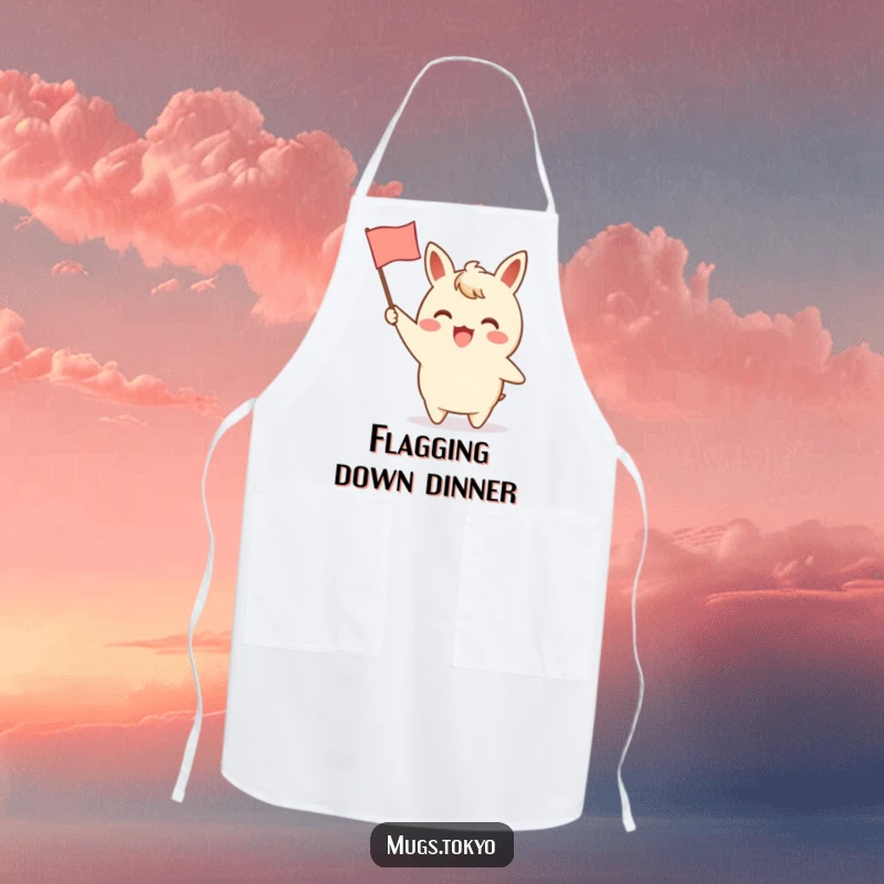 Funny apron depicting an excited character waving a tiny paper flag with a charming design, suitable for cheerful and humorous kitchen tasks.