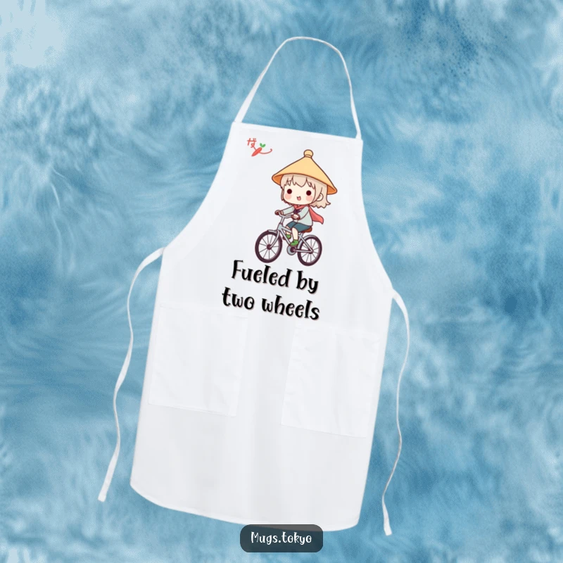 Funny apron with a cute character in a Japanese hat, joyfully riding a bicycle, perfect for a humorous cooking experience.
