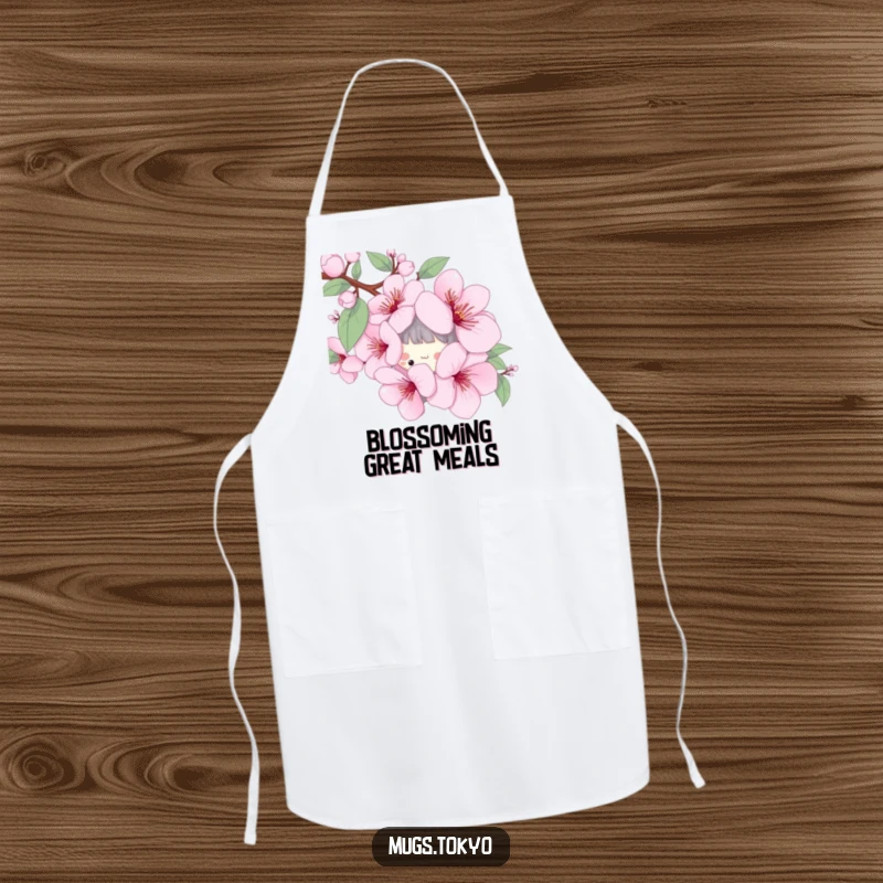 Funny apron with a playful character peeking from behind a stylized cherry blossom, perfect for a cheerful cooking experience.