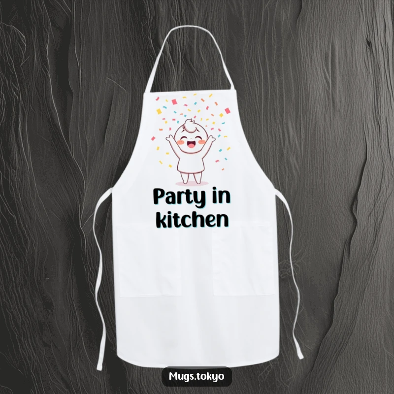 Funny apron adorned with a cheerful character joyfully tossing colorful confetti, ideal for a festive and humorous experience.