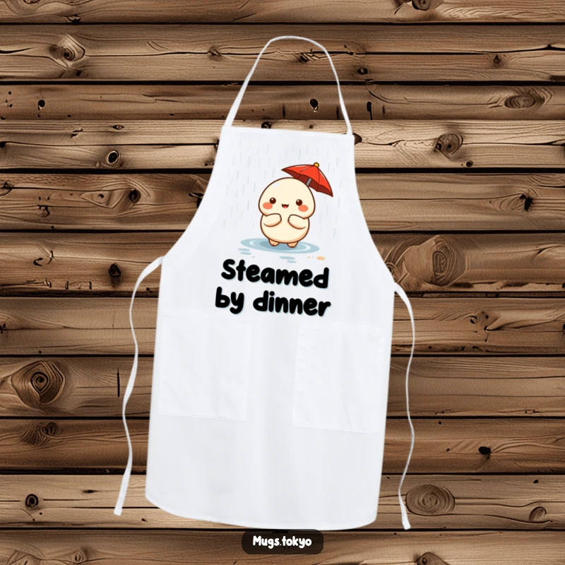 Funny cute dumpling character with a tiny red umbrella on a chef's apron, ready for kitchen duty.