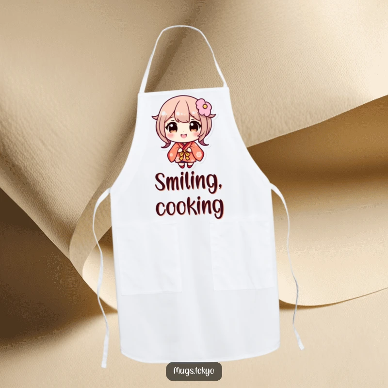 Funny apron featuring a cute character in a kimono, wide eyes, and a big, cheerful smile. Perfect for a joyful cooking experience.