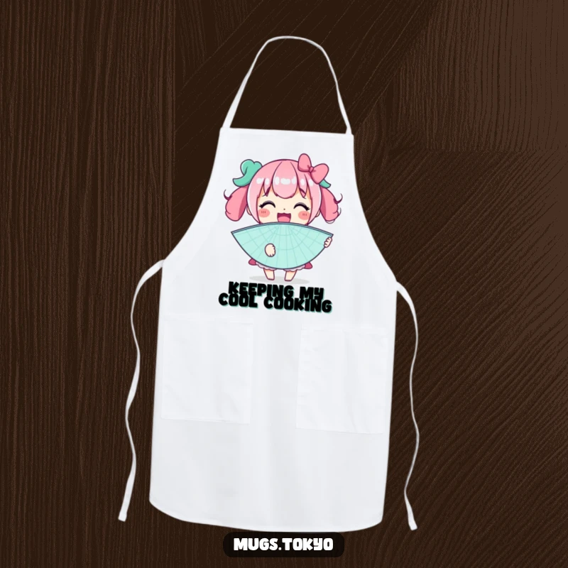 Funny apron depicting a character with a huge smile holding a giant novelty fan, designed for breezy cooking and humorous kitchen antics.