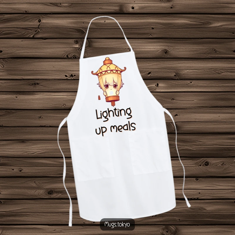 Funny Apron: A character humorously peeks from behind a glowing lantern while cooking, adding playful mystery to meal prep.