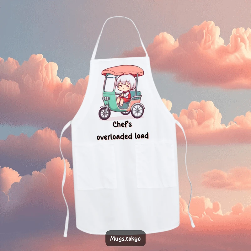 Funny apron showing a character comically overloaded in a tiny rickshaw, perfect for a humorous and practical kitchen experience.