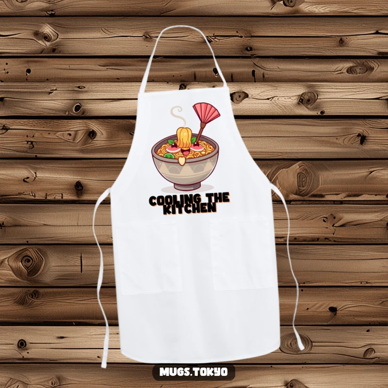 Funny happy ramen bowl character with steam rising, waving a tiny fan on a chef's apron.