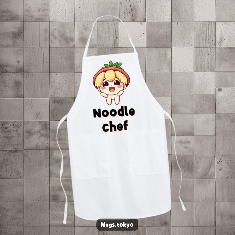 Funny apron featuring a character with a ramen bowl hat, beaming with delight. Humorous and functional kitchen wear.