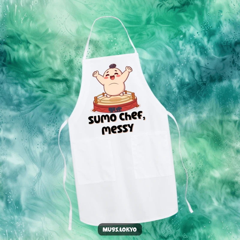Funny apron showing a character cheerfully bouncing on a tiny sumo ring, perfect for a humorous kitchen.