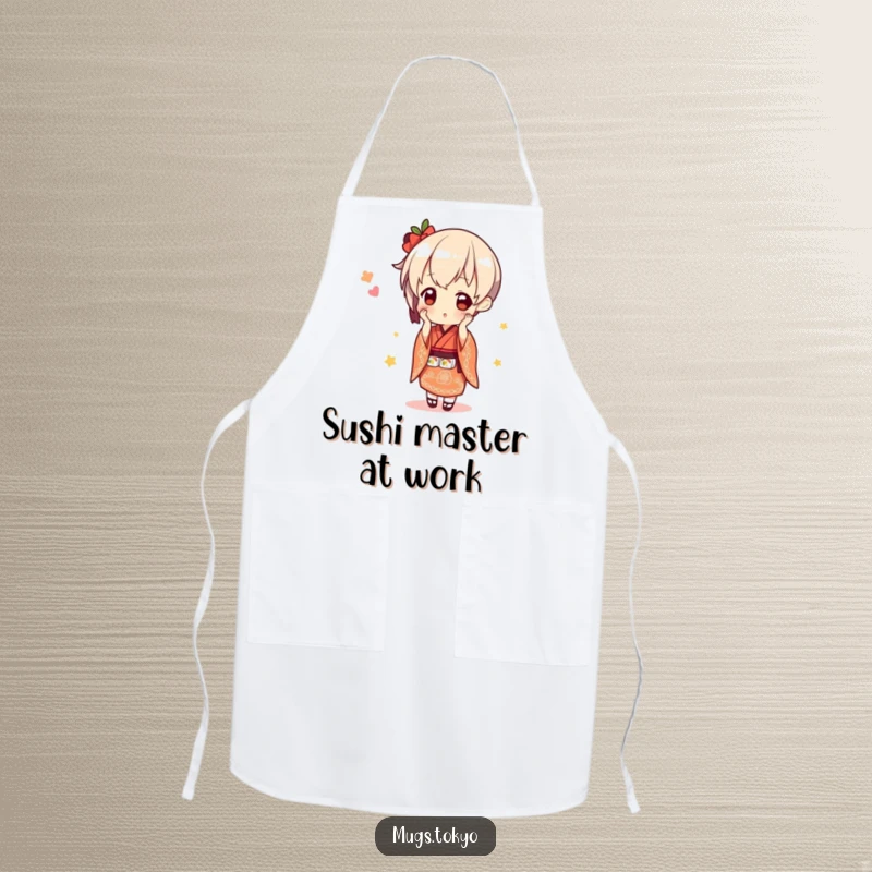 Funny cute character in a kimono, balancing sushi, a durable and humorous apron for chefs.