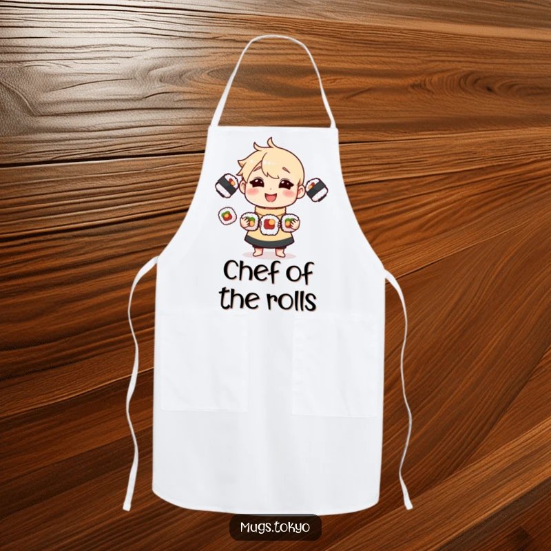 Funny Apron showing a skilled character juggling three tasty sushi rolls, ideal for humorous cooking sessions.