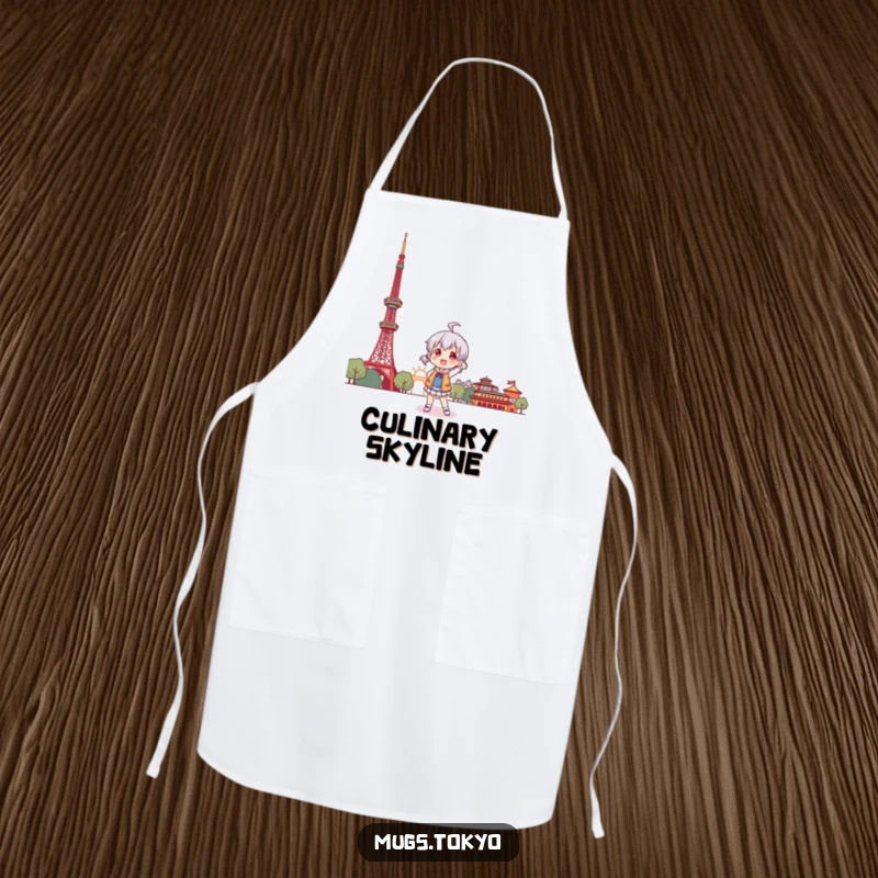 Funny apron illustrating a character playfully posing in front of a stylized Tokyo Tower, perfect for the kitchen.