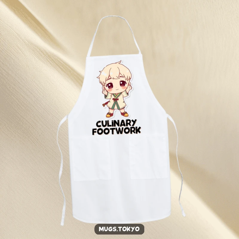 Funny character wearing traditional footwear striking a playful pose on a practical and humorous kitchen apron.