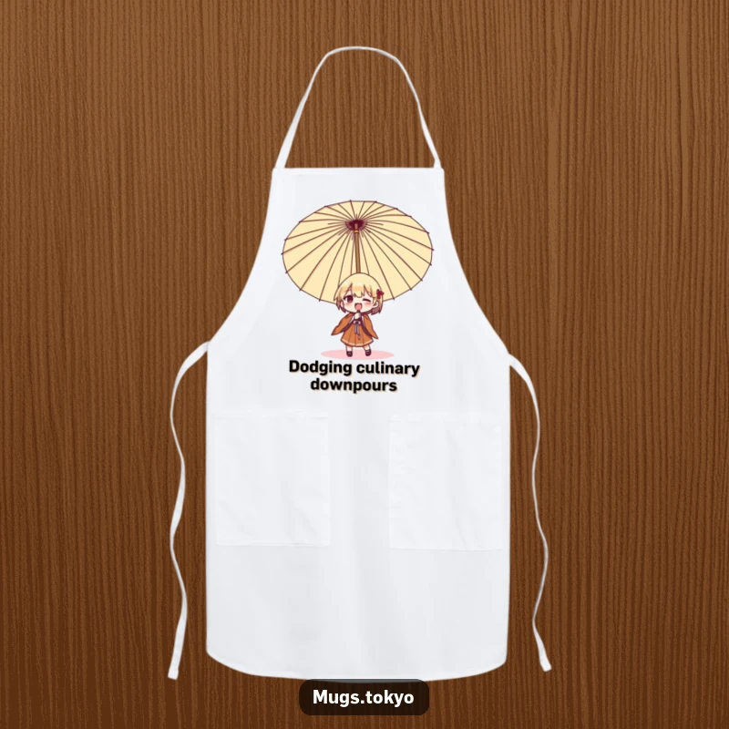 Funny umbrella struggle apron, a character comically wrestling with a large Japanese umbrella while cooking, a humorous kitchen essential.
