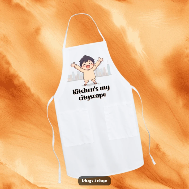 Funny city embrace apron, a character joyfully embracing a city skyline silhouette, a humorous and stylish kitchen accessory.