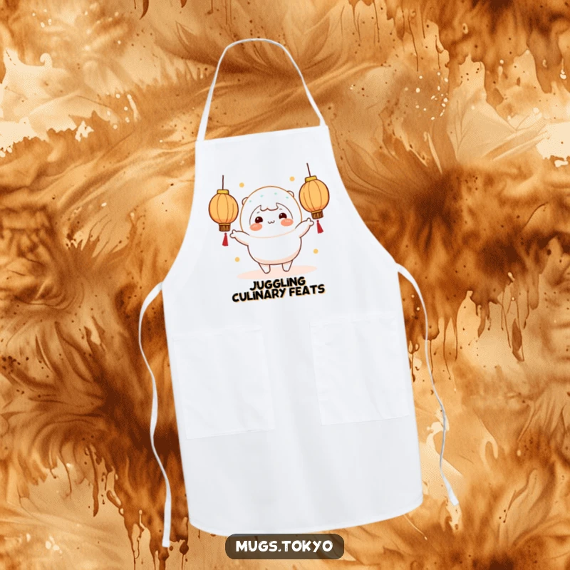 Funny cheerful mochi character juggling glowing lanterns on a chef's apron, adding cheer to cooking.