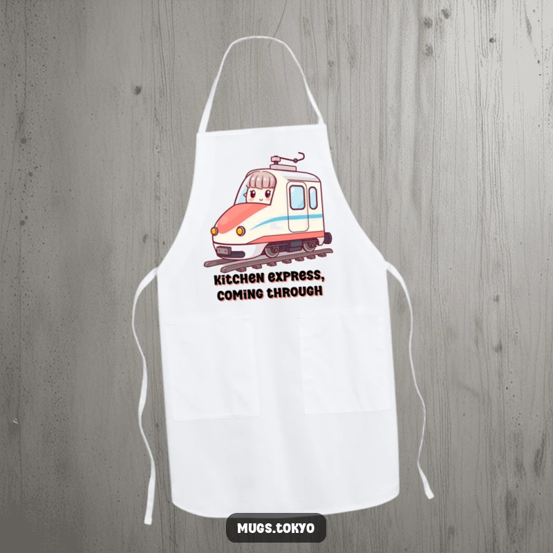 Funny apron showing a character riding a miniature bullet train, ready for kitchen duties with speed and humor.