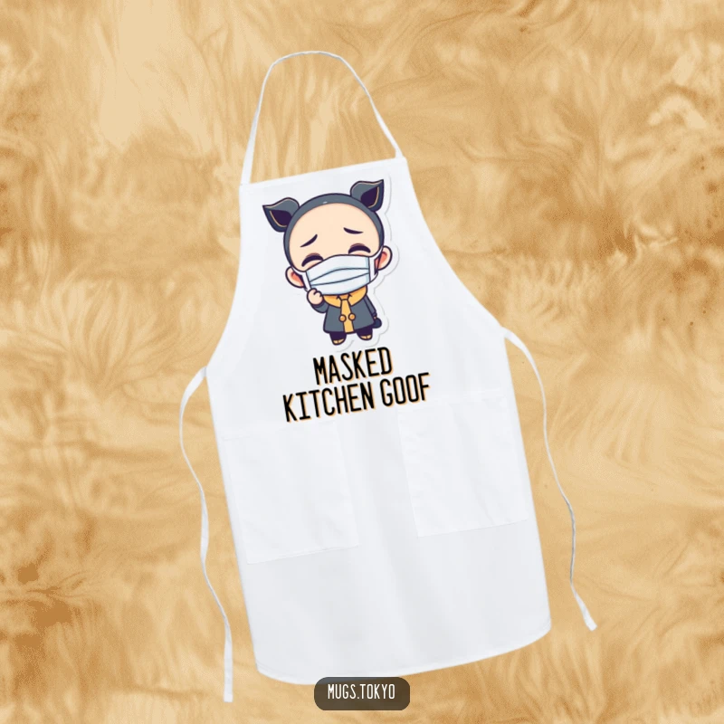 Funny apron featuring a character wearing a tiny mask and making a funny face, perfect for cooking with a playful touch.