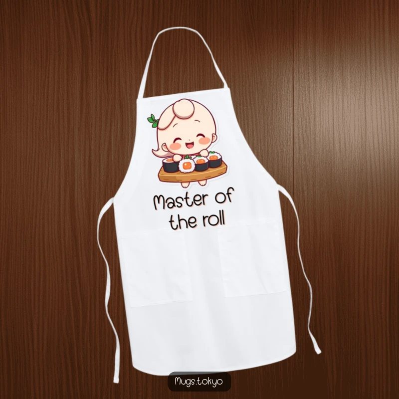 Funny Apron: A smiling character humorously balances a packed sushi tray while cooking, ideal for adding humor to meal prep.