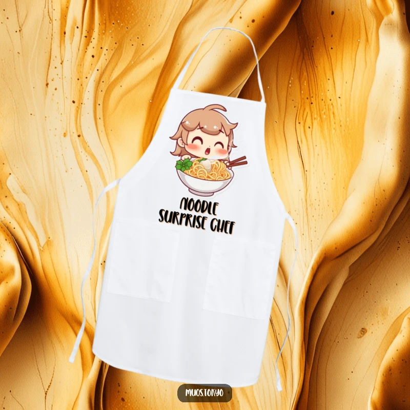 Funny apron depicting a character with a surprised expression looking at a steaming bowl of noodles, adding a touch of foodie humor to kitchen activities, a great funny gift.