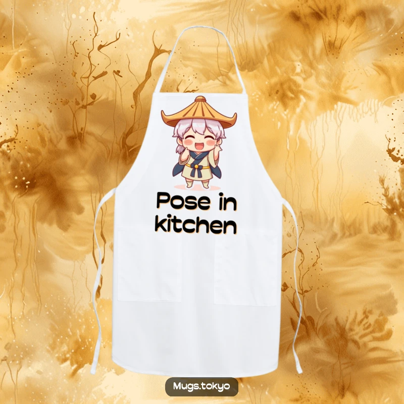 Funny apron illustration of a character in a Japanese hat striking a comical pose, ideal for kitchen humor and protection.