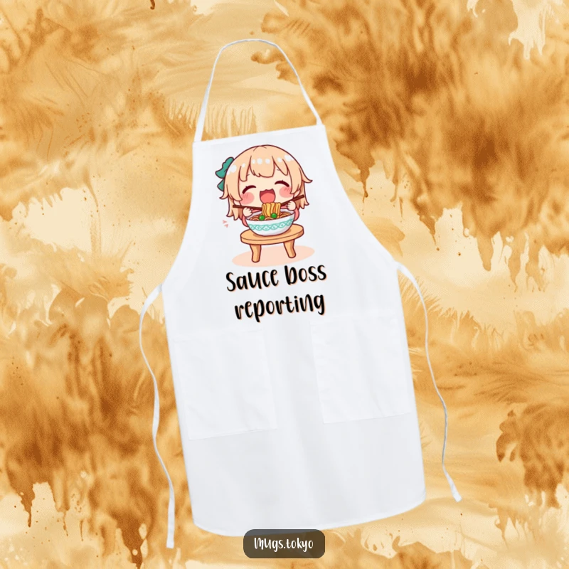 Funny apron showing a character happily eating noodles, ready for kitchen adventures or dining delight.