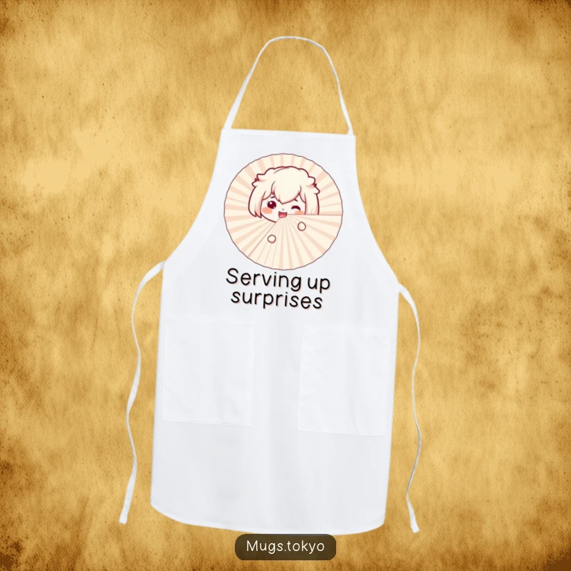 Funny bento box apron with a smiling character excitedly peeking from behind a large paper fan, perfect for cooking fun.