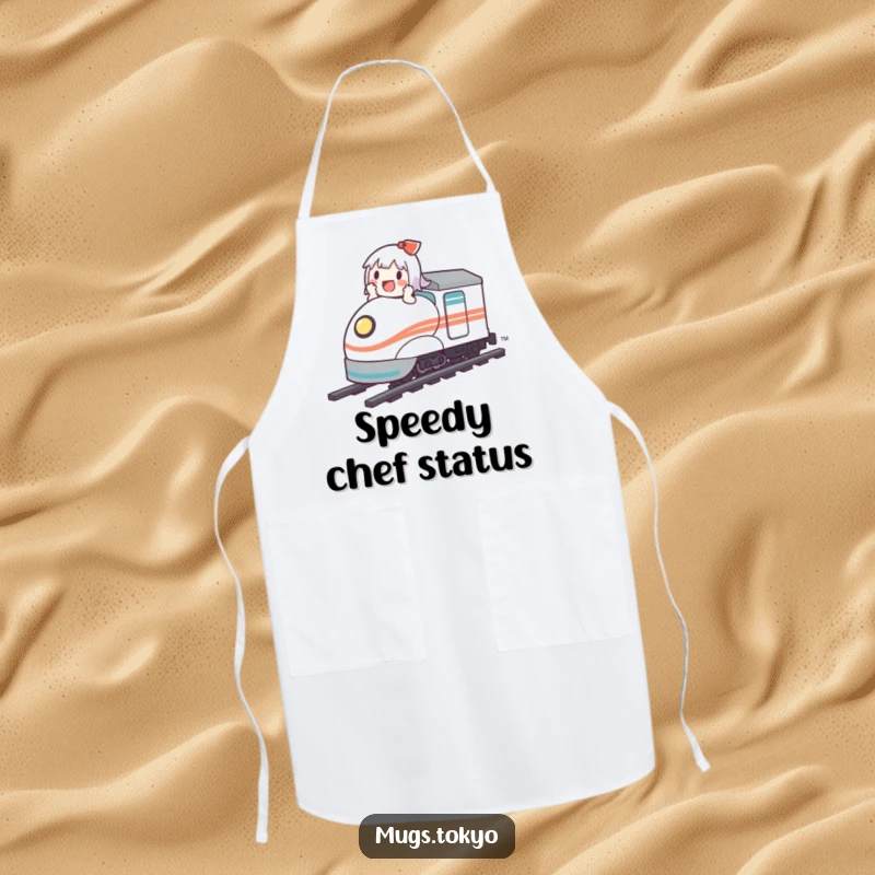 Funny apron illustrating a cute character joyfully riding a mini bullet train while preparing food.