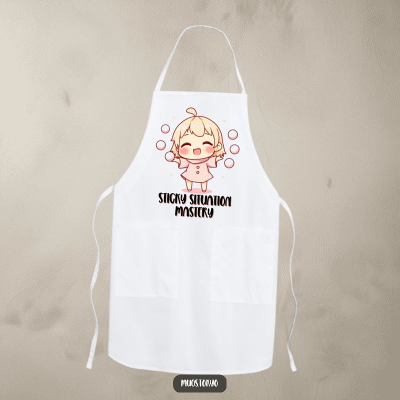 Funny apron illustrating a character juggling mochi balls, perfect for adding a playful touch to cooking and baking tasks.