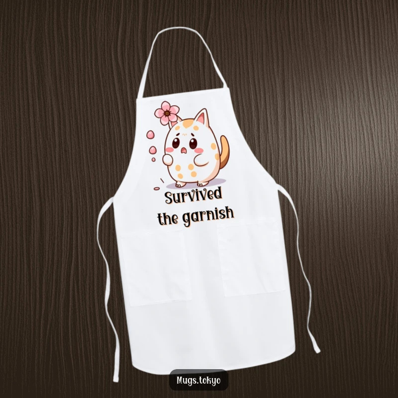 Funny Taiyaki Apron: Surprised character, tail wagging, dodging a falling cherry blossom, kitchen humor artwork.