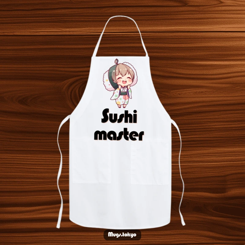 Funny apron with a happy character in a kimono holding an oversized sushi roll, perfect for sushi making and Japanese cooking.