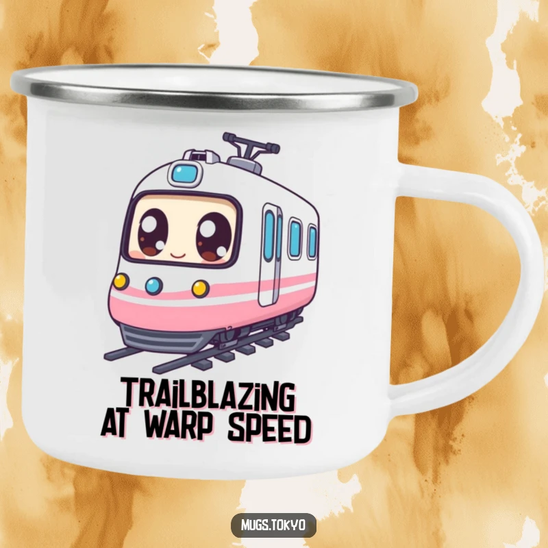 Funny Camping Mug: Expressive eyed character riding a miniature bullet train, styled for outdoor adventures and humor.