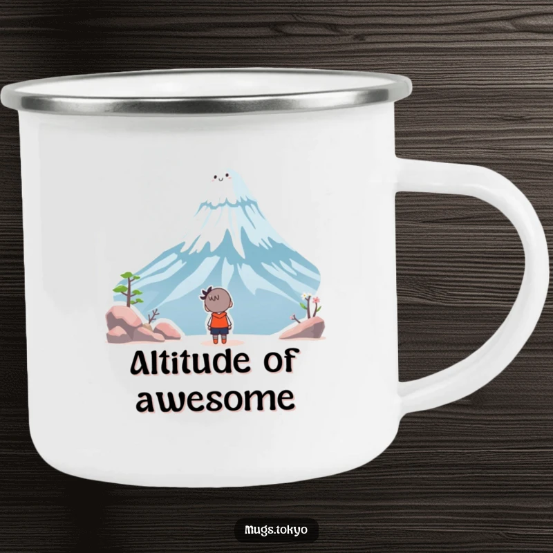 Funny camping mug with a character admiring a whimsical, smiling Mount Fuji, designed for outdoor enthusiasts who appreciate humor.