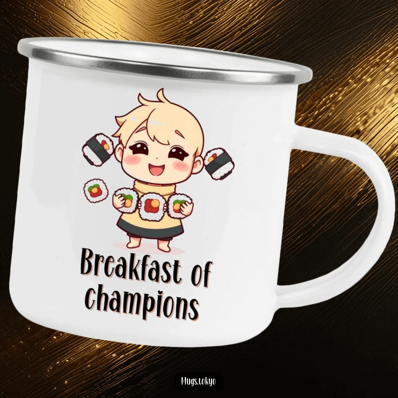 Funny Camping Mug showcasing a cheerful character expertly juggling three tasty sushi rolls, for humorous outdoor enjoyment.