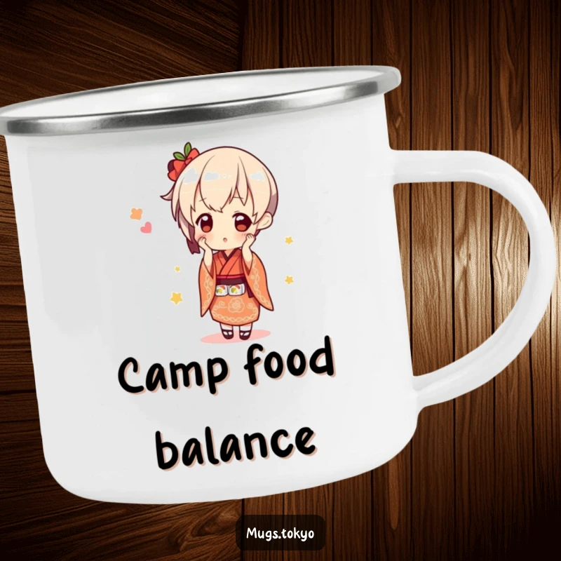 Funny cute character in a kimono, balancing sushi, a sturdy enamel camping mug with a humorous design.