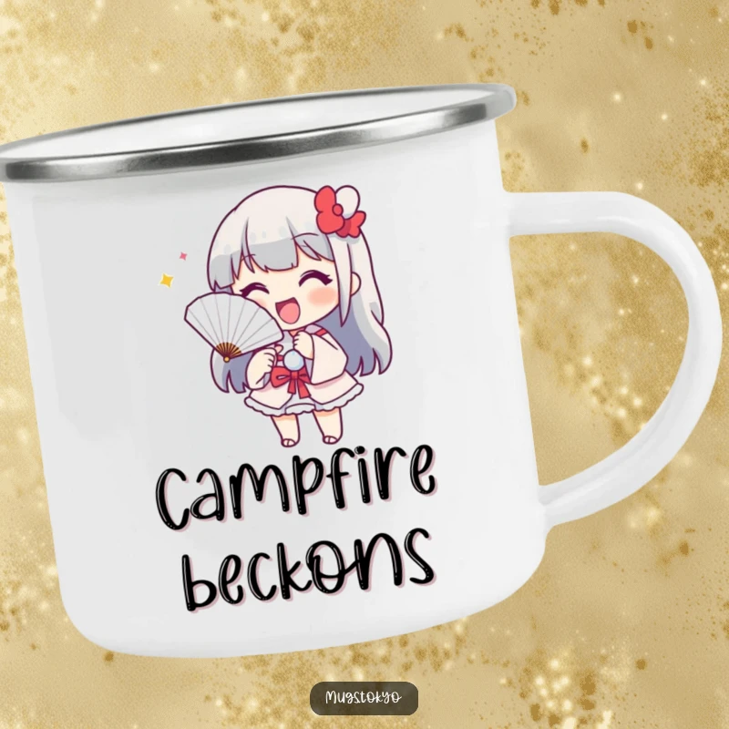 Funny camping mug with a cheerful character holding a paper fan, playfully beckoning. Durable and humorous for outdoor use.