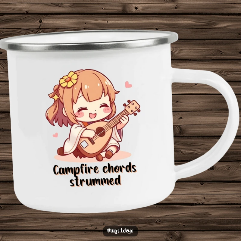 Funny shamisen player camping mug, a character strumming a miniature shamisen, designed for outdoor adventures and musical enjoyment.