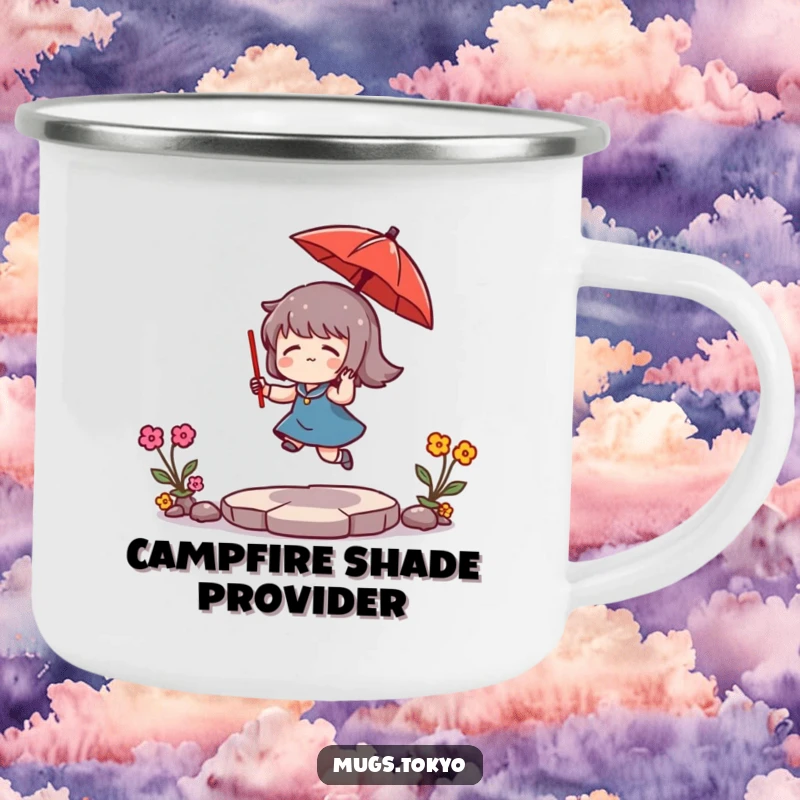 Funny Camping Mug: Character humorously bounces a tiny red umbrella, ideal for enjoying drinks outdoors with a whimsical touch.