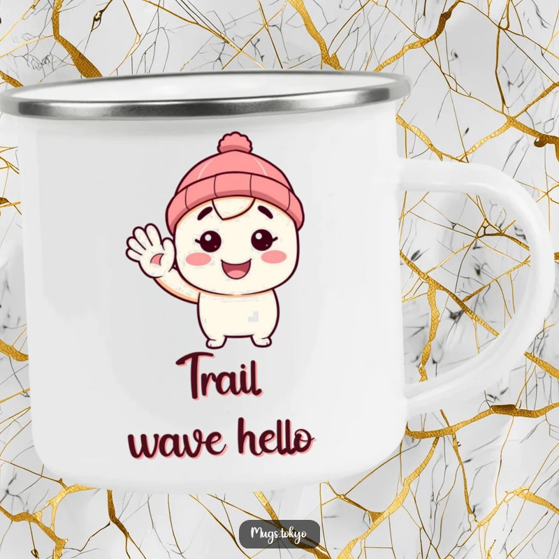 Funny camping mug featuring a character in a tiny beanie, waving hello. Durable and humorous for outdoor use.