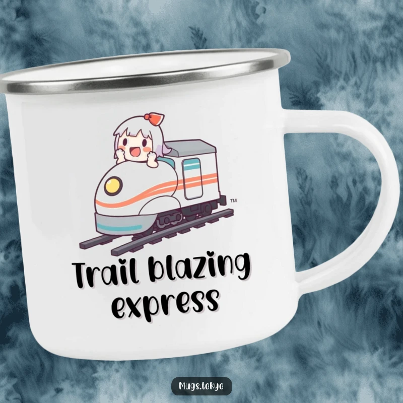 Funny camping mug showing a cute character enjoying a drink while riding a small bullet train in the great outdoors.