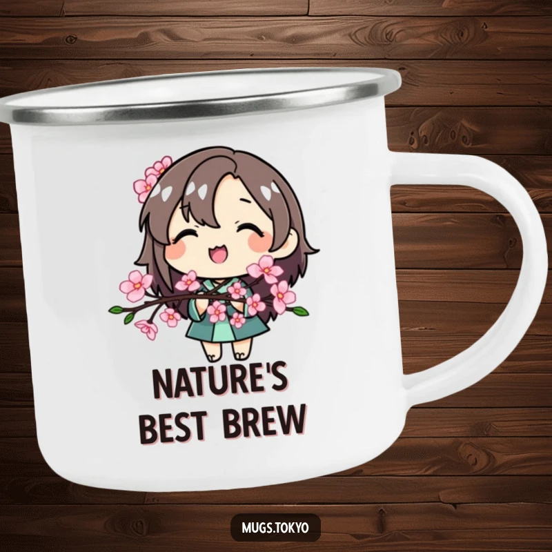 Funny Cherry Blossom Character Camping Mug, a smiling character holding a cherry blossom branch, durable for outdoor use.