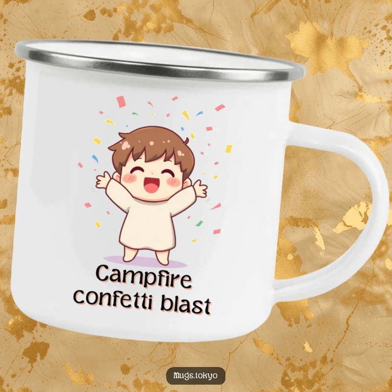 Funny camping mug with a cheerful character joyfully tossing colorful confetti, perfect for outdoor celebrations.